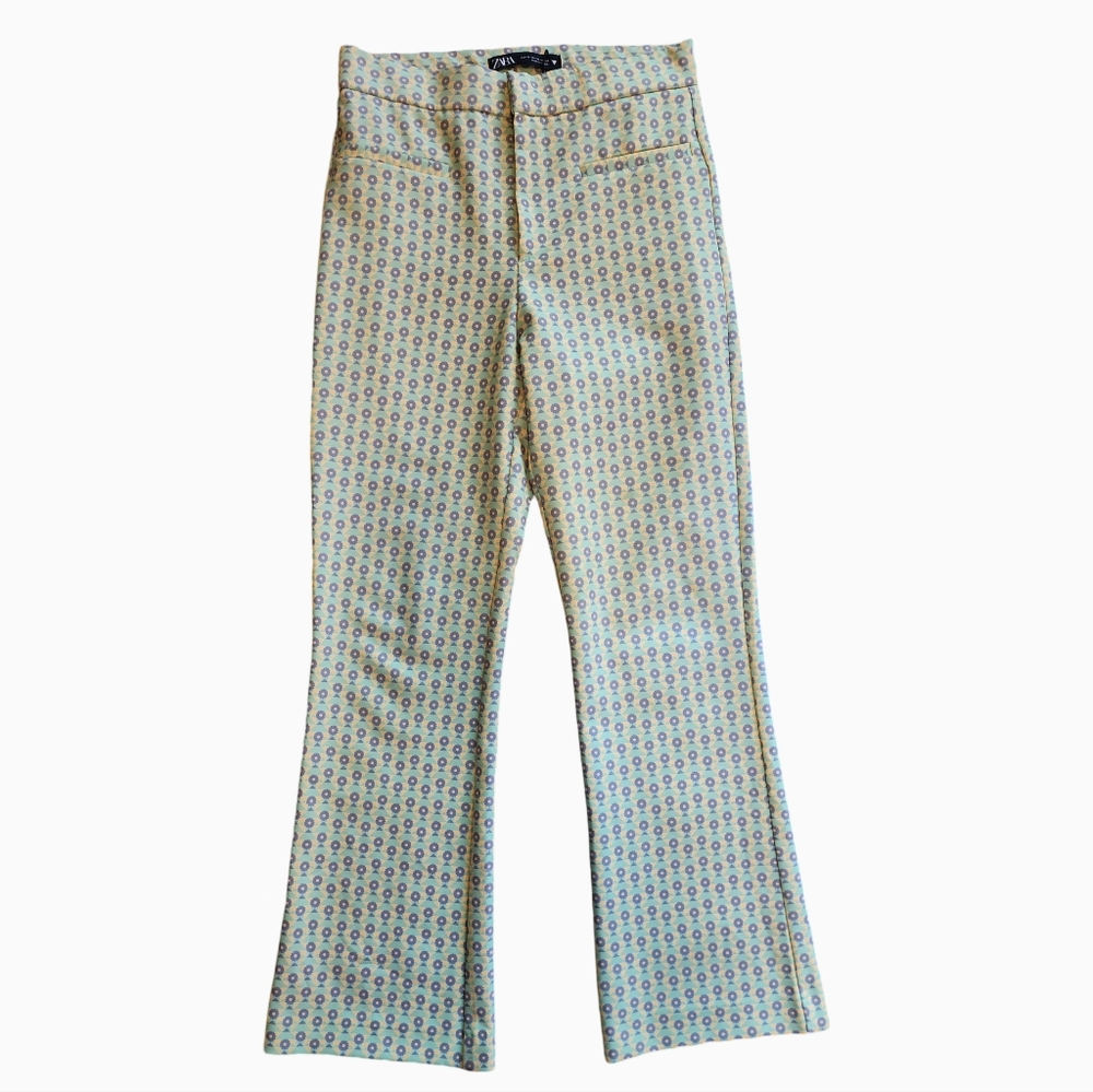 Zara Vibrant Green Fit and Flare Patterned Pants
